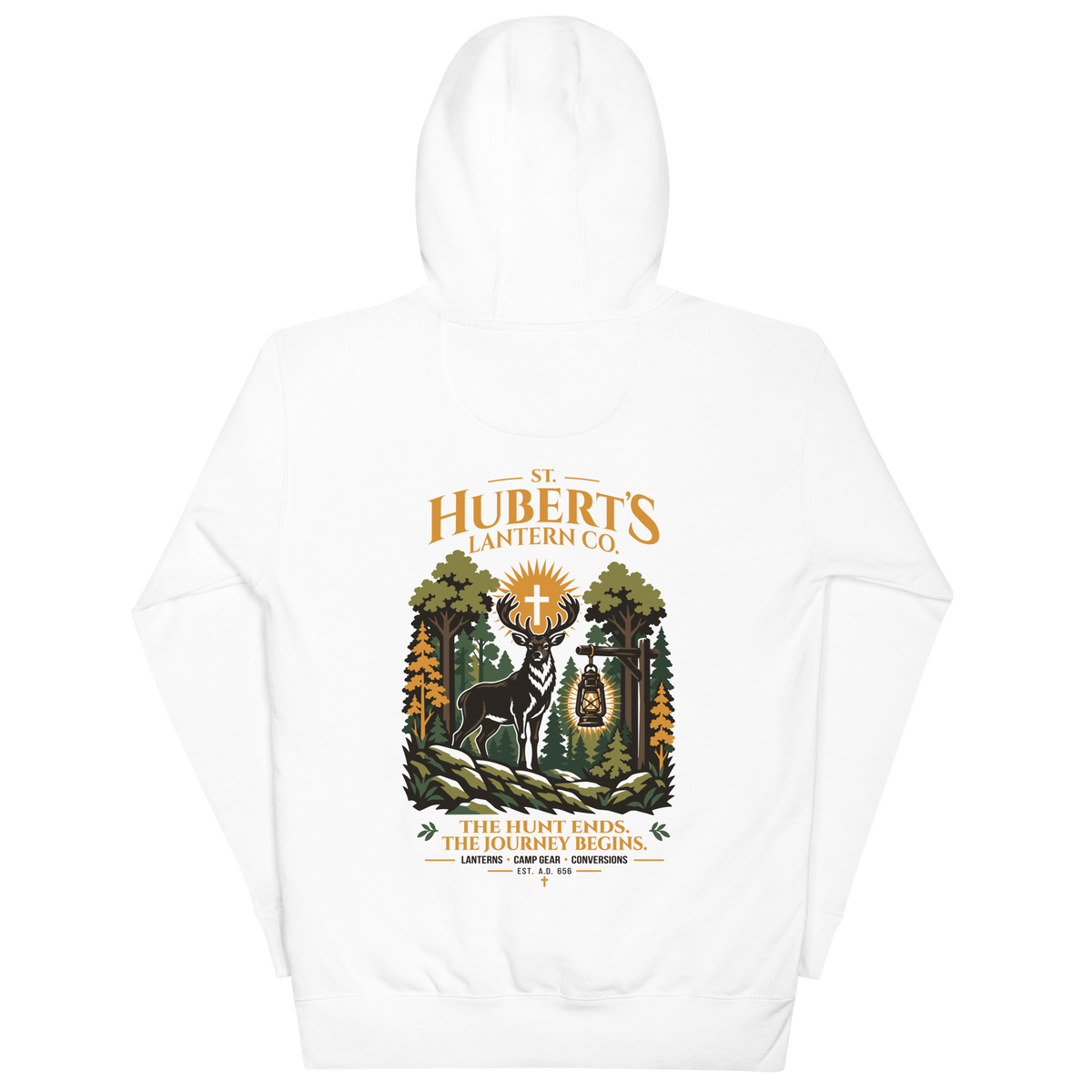 St. Hubert's Lantern Co. Catholic hoodie, back design in White | Papal Threads