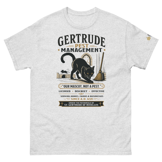 St. Gertrude Pest Management black cat Catholic t-shirt in Ash | Papal Threads