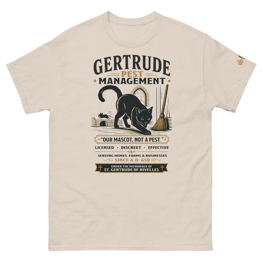 St. Gertrude Pest Management black cat Catholic t-shirt in Natural | Papal Threads