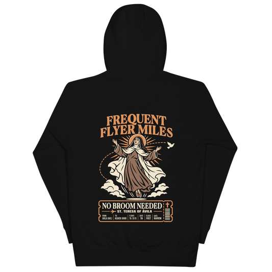 St. Teresa of Avila Frequent Flyer Miles Catholic hoodie, back design in Black | Papal Threads