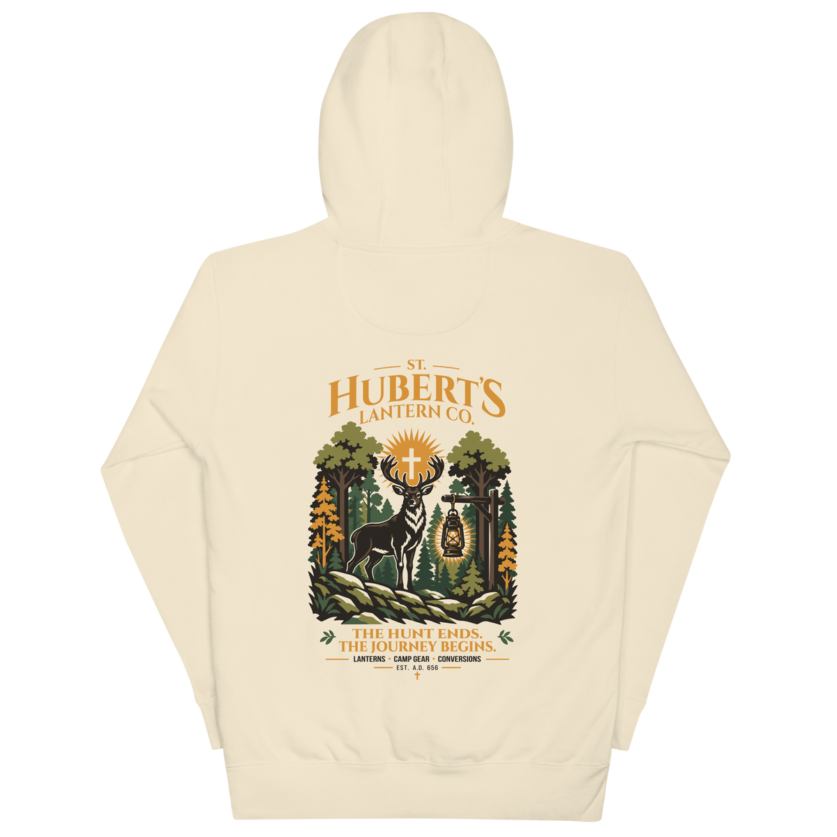 St. Hubert's Lantern Co. Catholic hoodie, back design in Bone | Papal Threads