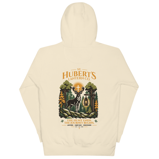 St. Hubert's Lantern Co. Catholic hoodie, back design in Bone | Papal Threads