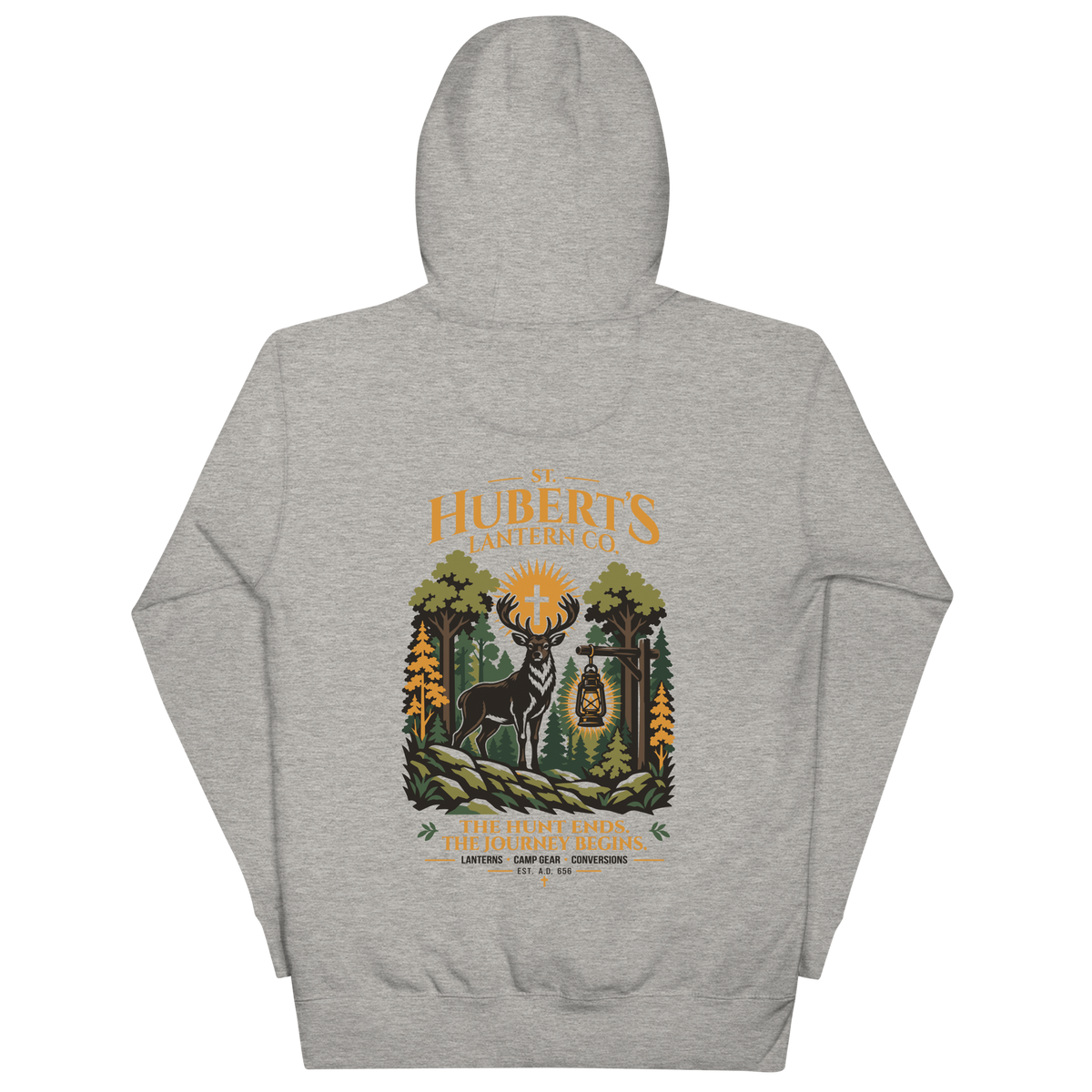 St. Hubert's Lantern Co. Catholic hoodie, back design in Carbon Grey | Papal Threads