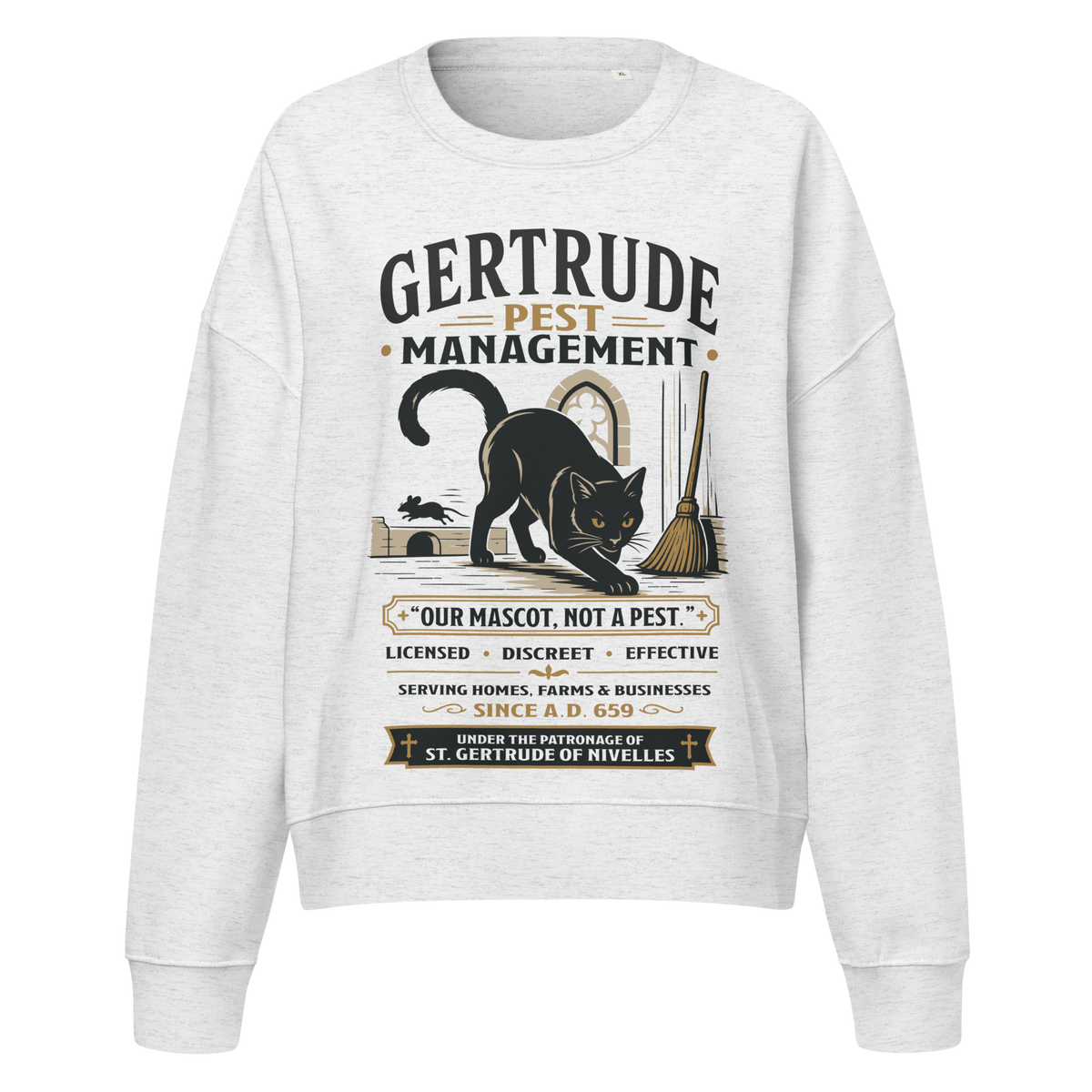 St. Gertrude Pest Management black cat women's sweatshirt in heather grey | Papal Grace
