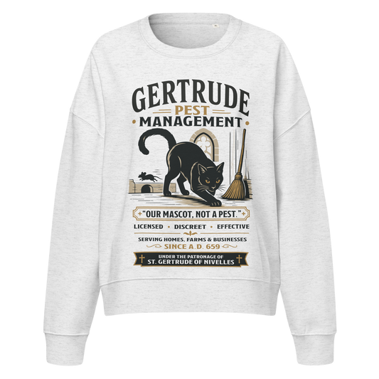 St. Gertrude Pest Management black cat women's sweatshirt in heather grey | Papal Grace