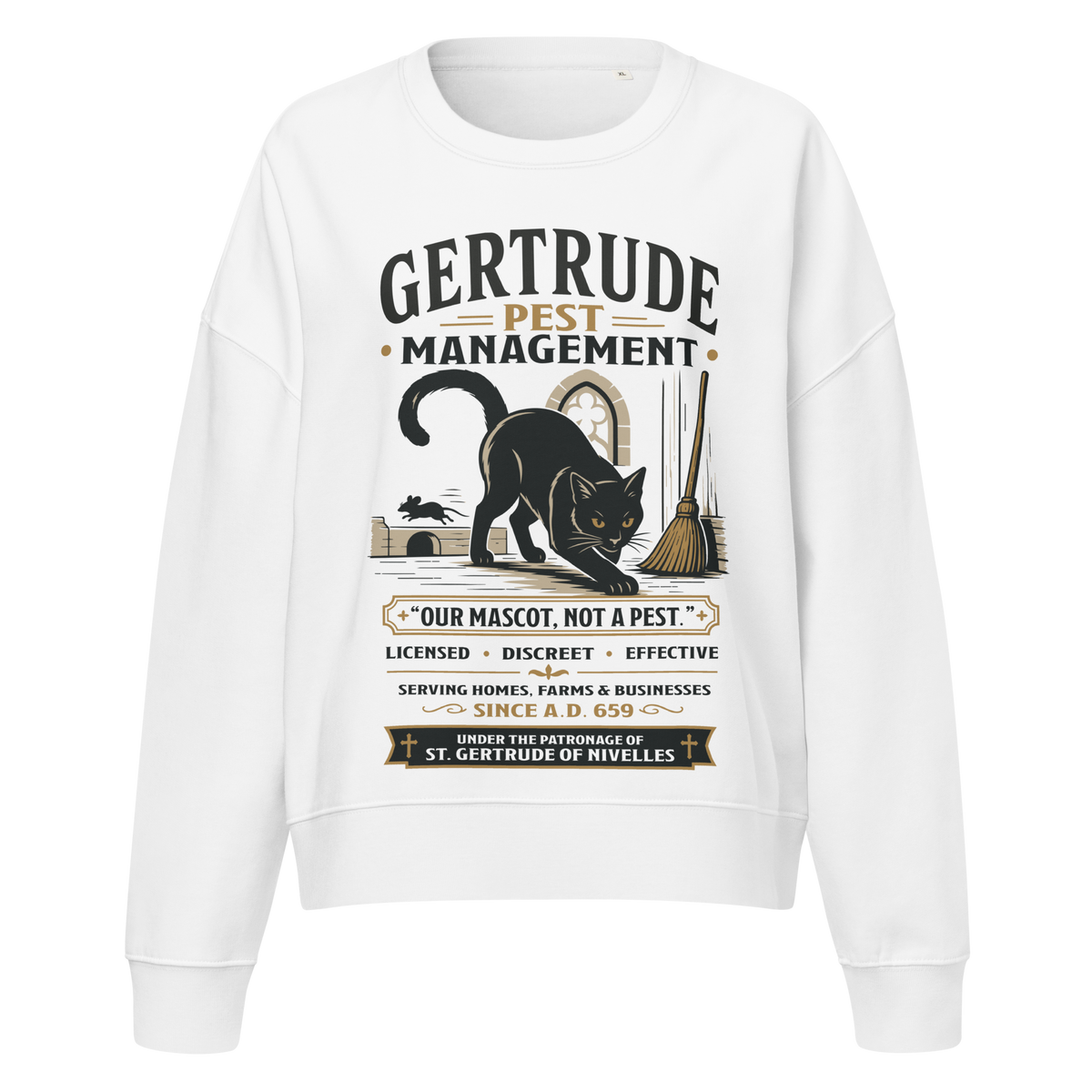 St. Gertrude Pest Management black cat women's sweatshirt in White | Papal Grace