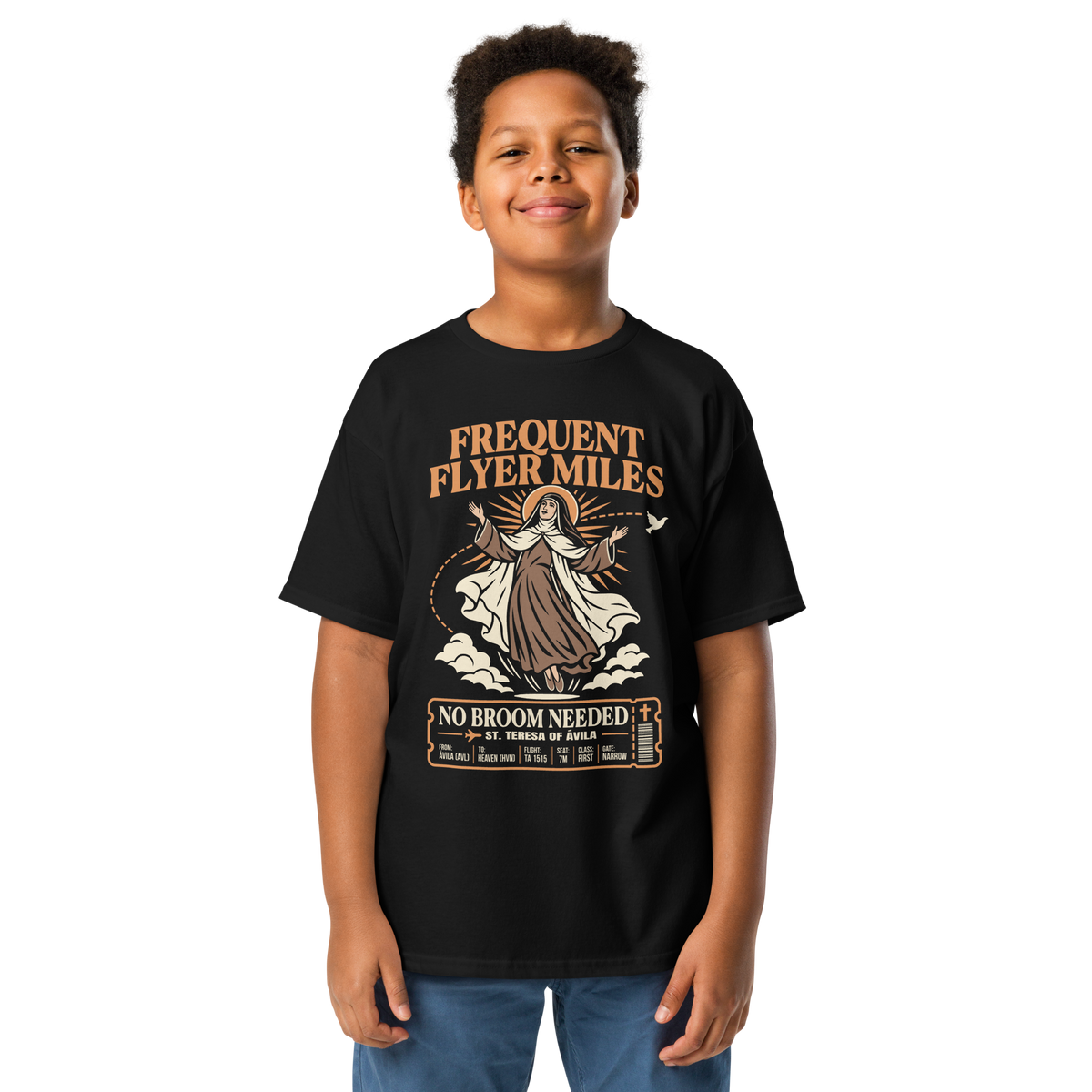 St. Teresa of Avila Frequent Flyer Miles kids Catholic tee in Black | Papal Littles