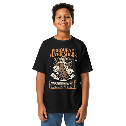 St. Teresa of Avila Frequent Flyer Miles kids Catholic tee in Black | Papal Littles