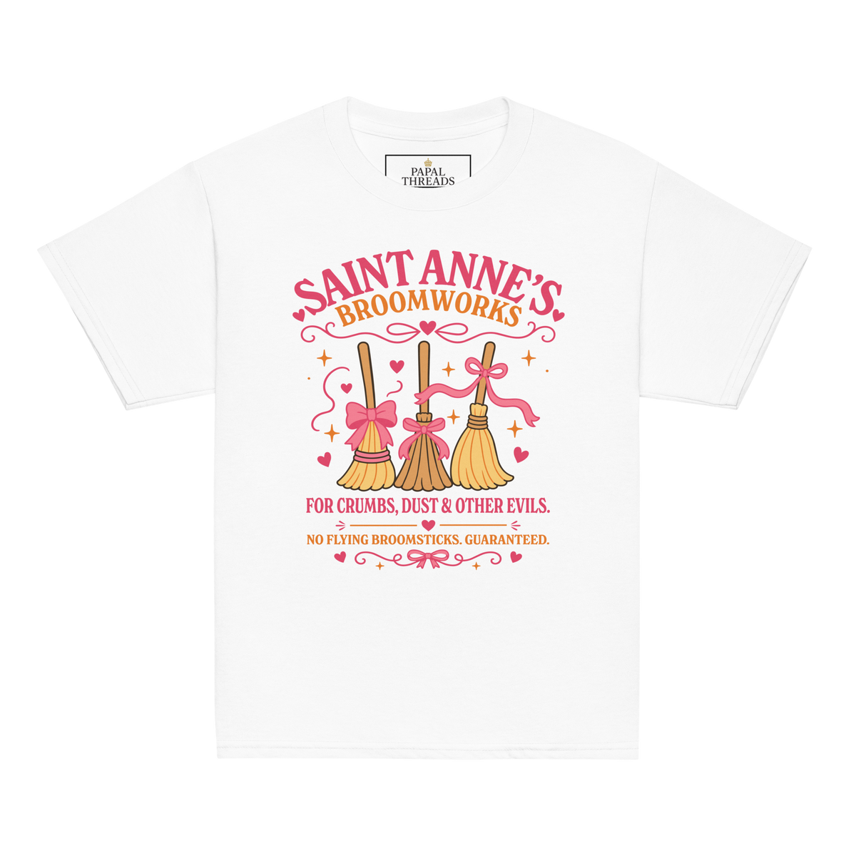 St. Anne's Broomworks kids Catholic Halloween tee | Papal Littles