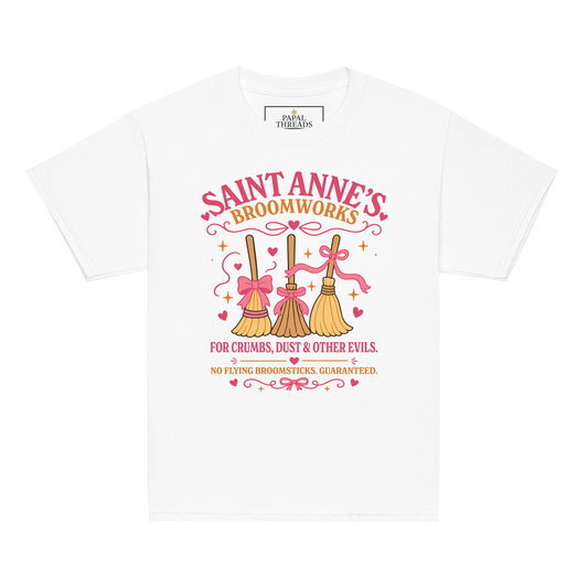 St. Anne's Broomworks kids Catholic Halloween tee | Papal Littles