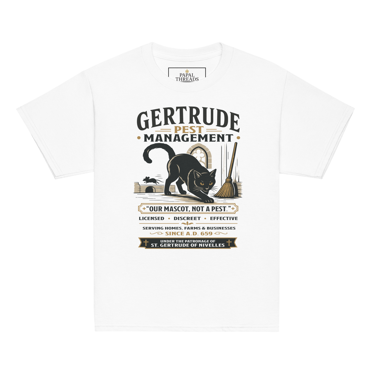 St. Gertrude Pest Management black cat kids Catholic tee | Papal Littles