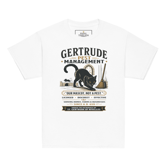 St. Gertrude Pest Management black cat kids Catholic tee | Papal Littles